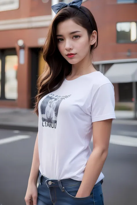 <lora:ChineseDollLikeness_V10:0.55>,1 girl,(1 18-year-old girl),(upper body),(medium breasts),(realistic:1.7),((best quality)),absurdres,(ultra high res),(photorealistic:1.6),photorealistic,octane render,(hyperrealistic:1.2), (photorealistic face:1.2), (8k), (4k), (Masterpiece),(realistic skin texture), (illustration, cinematic lighting,wallpaper),( beautiful eyes:1.2),((((perfect face)))),(standing),(looking at viewer:1.2),(cute),(black hair),(braided ponytail:1.1),(bow hairband),(short hair),(printed t-shirt:1.2),(denim shorts:1.1),(red lips:1.1),outdoors,