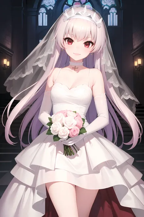 1girl, <lora:Eve-000004:0.8>, eve , solo, long_hair, smile, red_eyes, gloves, dress, small breasts, pink_hair, flower, choker, elbow_gloves, white_dress, rose, veil, bouquet, wedding_dress, bridal_veil, bride, layered dress, layered skirt, church, church bell, big_bell,
flowers,holding bouquet,