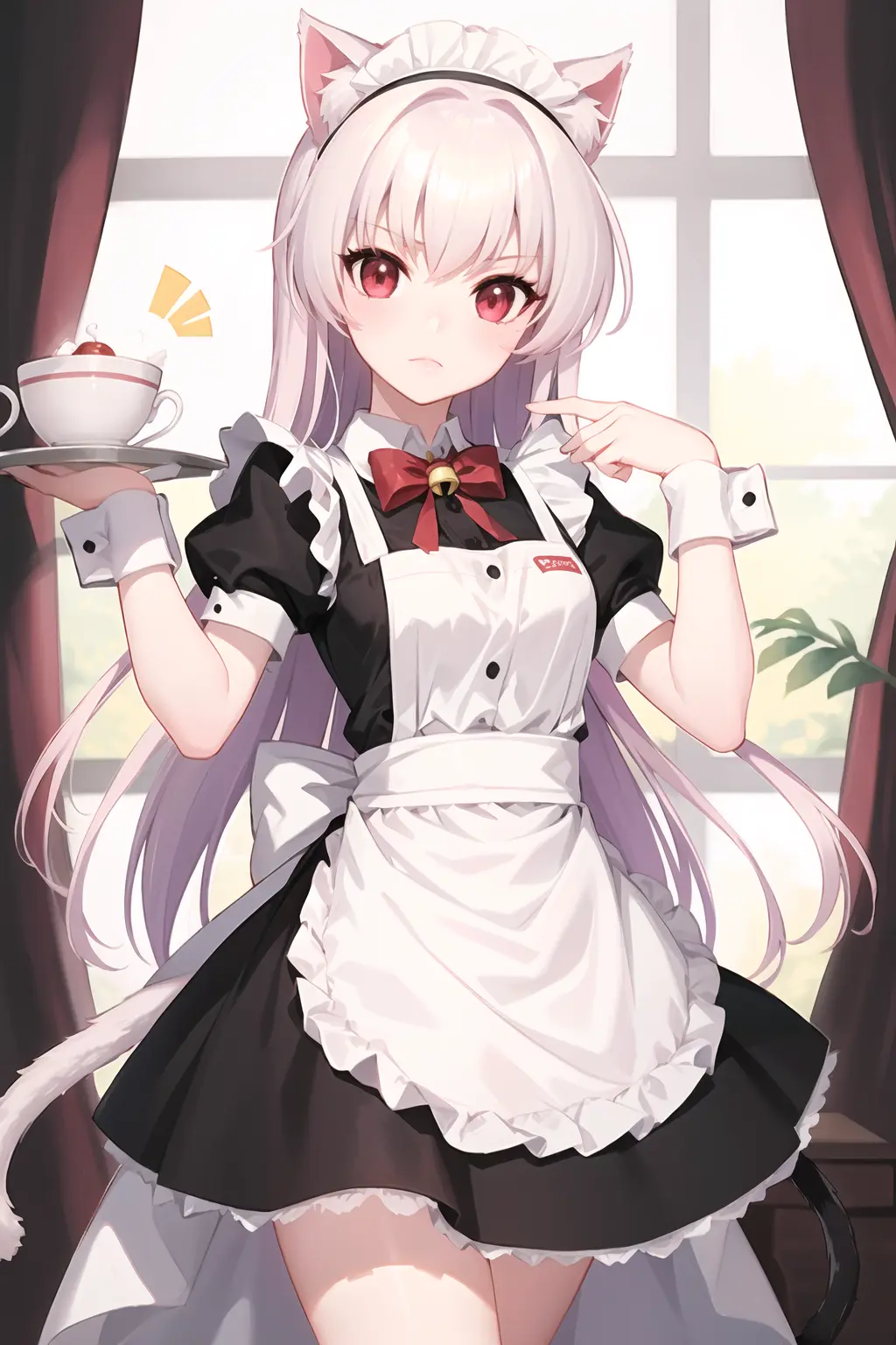 1girl, <lora:Eve-000004:0.8>, Eve, solo, long_hair, red_eyes, dress, bow, animal_ears, very_long_hair, tail, pink_hair, white_hair, short_sleeves, puffy_sleeves, cat_ears, apron, puffy_short_sleeves, cat_tail, wrist_cuffs, maid, maid_headdress, bell, fake_animal_ears, jingle_bell, tail_ornament, tail_bow, tail_bell