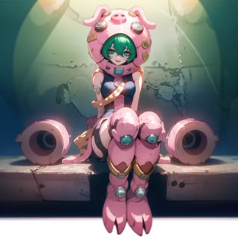 ,ultra-detailed, ultra high res, high quality, 4K, solo, 1girl,extreamly delicate and beautiful,illustration,masterpiece,(illustration),digimon,fullbody,sitting,crossed legs,pink mask,green hair