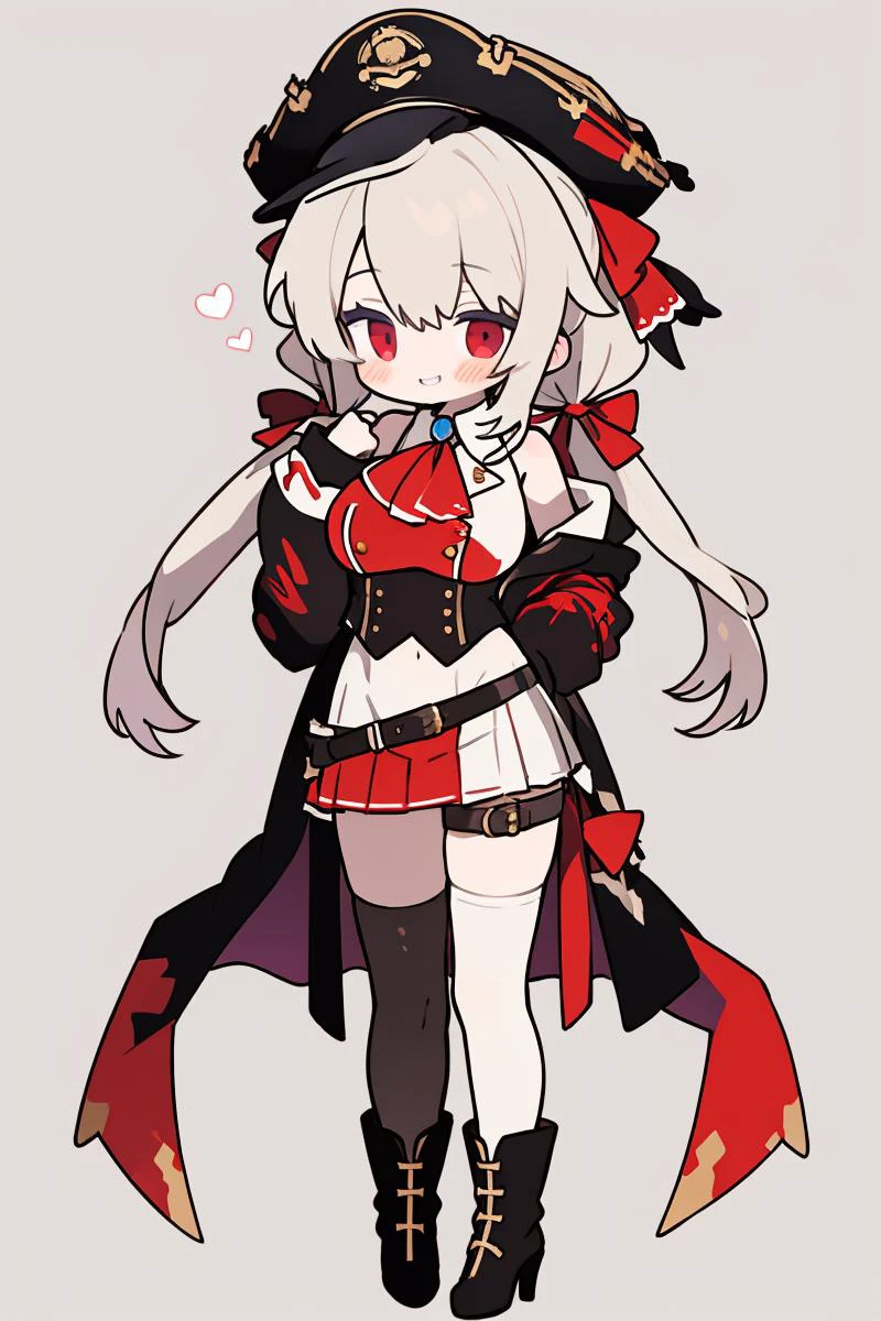 1girl, solo, virtual youtuber, houshou marine, thighhighs, hat, eyepatch, black hair, twintails, breasts, skirt, red eyes, pirate hat, white background, smile, sleeves past fingers, full body, high heels, long hair, looking at viewer, simple background, coat, red skirt, sleeves past wrists, pleated skirt, boots, belt, miniskirt, off shoulder, black coat, ribbon, bicorne, large breasts, sleeveless, high heel boots, brown footwear, jewelry, arrow through heart, see-through, black thighhighs, black headwear, hair ribbon, epaulettes, bangs, leotard, ascot, lace-trimmed legwear, brown belt, pirate, red ribbon, see-through leotard, blush, grin, gold trim, bare shoulders, jacket, standing, leotard under clothes, brown thighhighs, leather boots, lace trim, zettai ryouiki <lora:normal chibi:0.5>