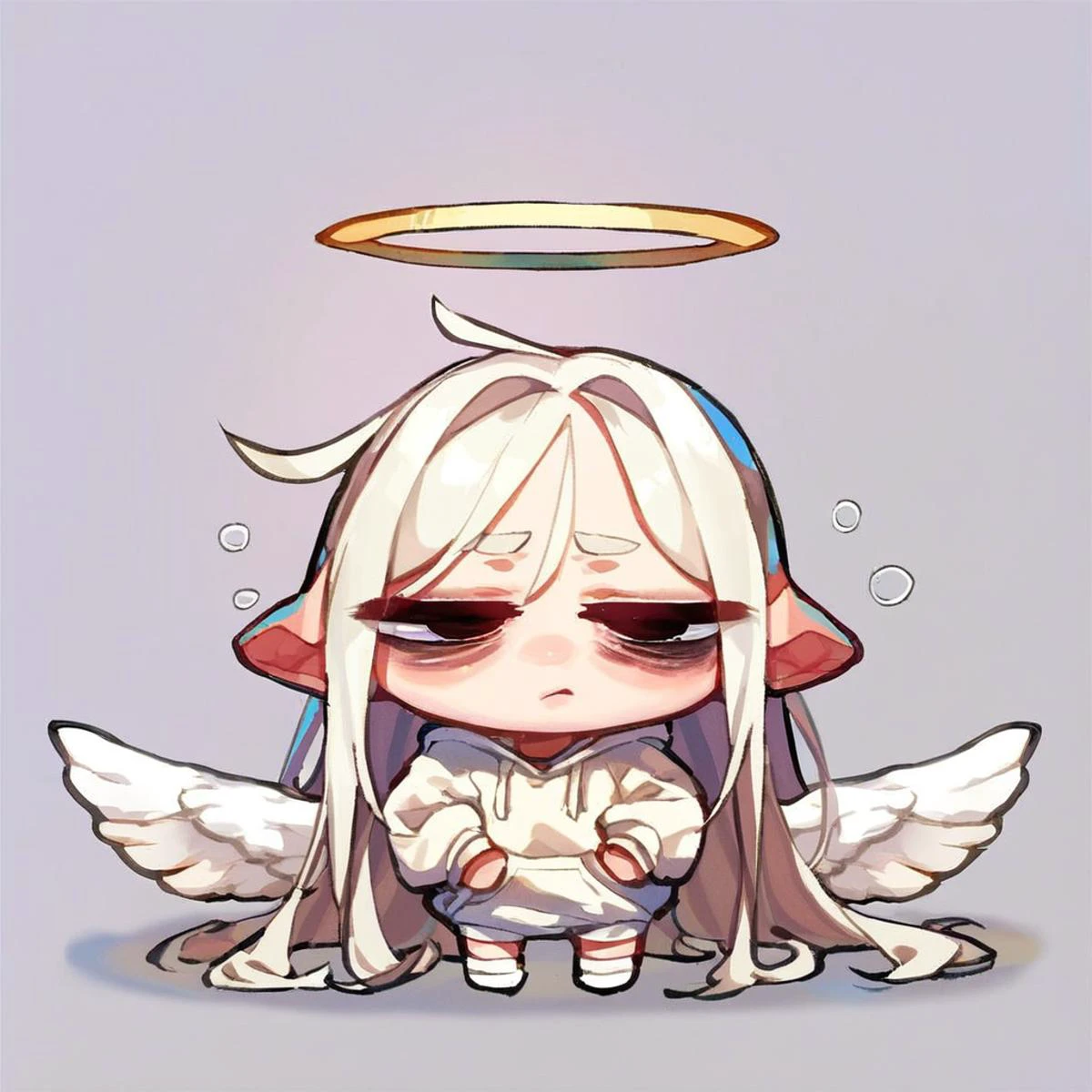 score_9, score_8_up, score_7_up, score_6_up, score_5_up, score_4_up, 1male, angel, white hair, white background, long hair, white socks, tired face, tired look, bags under eyes, lazy pose, halo, angel wings, femboy, androgynous, pale skin, Tenshi Kaiwai, big white hoodie, light blue, full body, chibi, <lora:1687247304280168482:1> <lora:MIA:1>