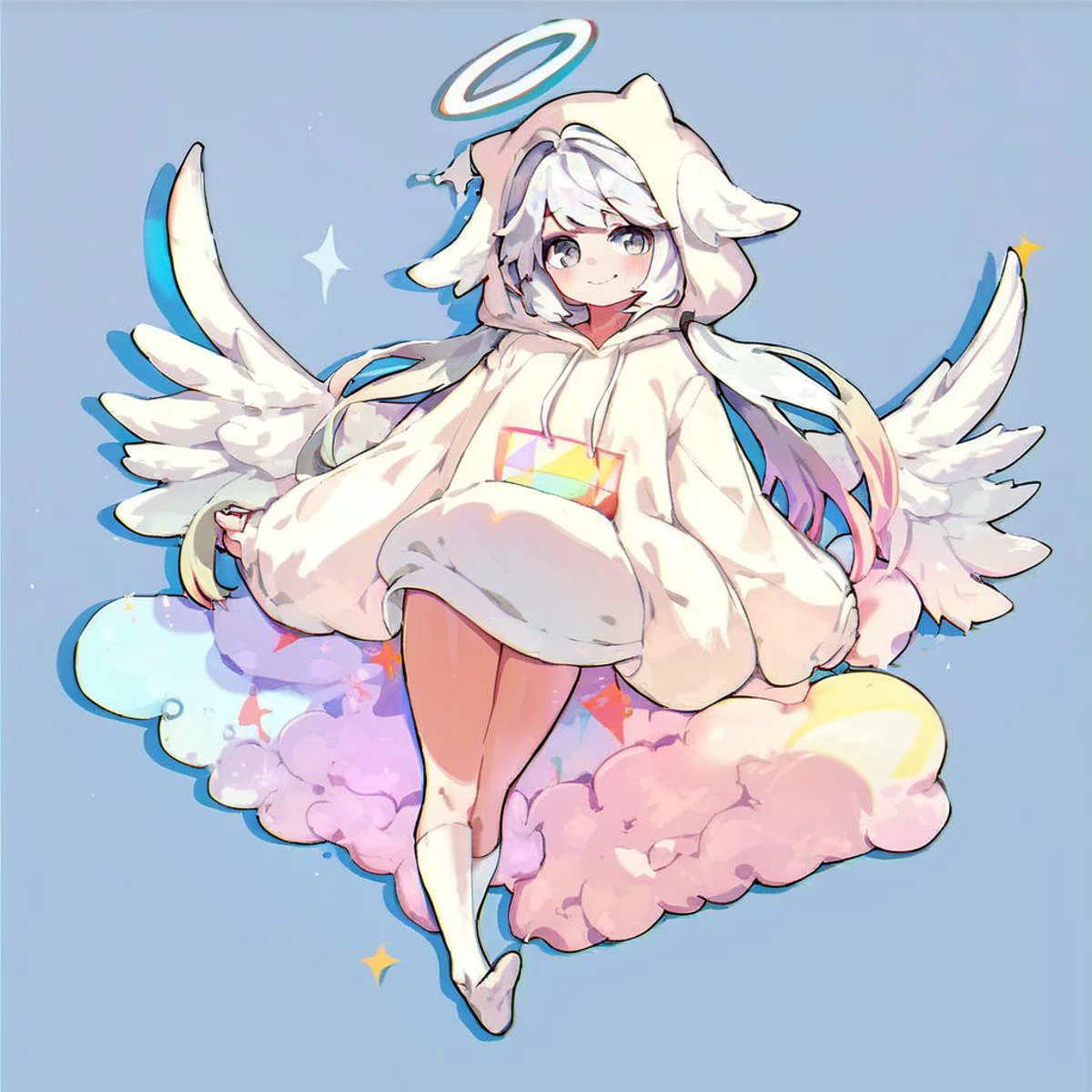 score_9, score_8_up, score_7_up, score_6_up, score_5_up, score_4_up, 1male, angel, white hair, white_background, long hair, gray eyes, white socks, smiling, halo, angel wings, femboy, androgynous, pale skin, Tenshi Kaiwai, big hoodie, light blue, full body, chibi, pastel colors <lora:1687247304280168482:1> <lora:MIA:1>