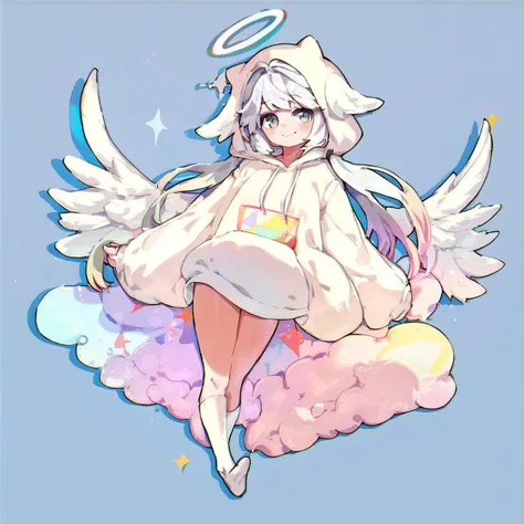 score_9, score_8_up, score_7_up, score_6_up, score_5_up, score_4_up, 1male, angel, white hair, white_background,  long hair, gray eyes, white socks, smiling, halo, angel wings, femboy, androgynous, pale skin, Tenshi Kaiwai, big hoodie, light blue, full body, chibi,  pastel colors <lora:1687247304280168482:1>   <lora:MIA:1>