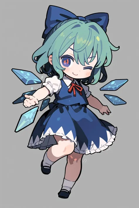 1girl,cirno,touhou, full body, closed mouth, light smile, round pupils,one eye closed, simple background,(chibi:1),outline, <lora:normal chibi:0.7>, <lora:cirno_touhou:0.5>
