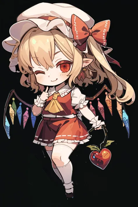 1girl,flandre scarlet,touhou, full body, closed mouth, light smile, round pupils,one eye closed, simple background,(chibi:1),outline, <lora:normal chibi:0.75>, <lora:flandre_scarlet_touhou:1>