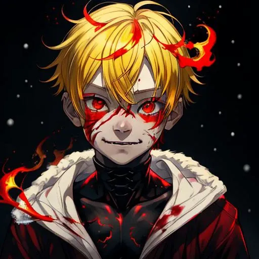 nalito,1boy,red eyes,best quality,yellow_hair,snowing,blood_on_face,looking_at_viewer,burning,flame,evil_smile