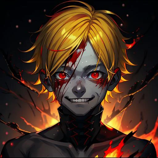 nalito,1boy,red eyes,best quality,yellow_hair,snowing,blood_on_face,looking_at_viewer,burning,flame,evil_smile