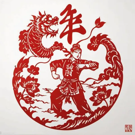 The image is a traditional Chinese paper-cut art piece, primarily in red and white, celebrating the theme of 'Shang-Chi and the Serenity of Spirit.' At the center, a figure resembling Shang-Chi is captured in a poised martial arts stance, embodying calm strength and spiritual balance. His features are cut with precision, showcasing a focused expression and a dynamic posture. Surrounding him, serene elements like flowing water, gentle winds, and blossoming lotus flowers are intricately woven into the design, symbolizing harmony and peace. The vibrant red against the white background emphasizes the artwork's powerful yet tranquil essence, <lora:cn_paper_cut:0.75>