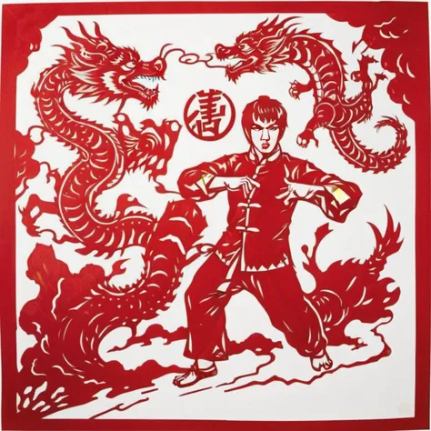 The image is a traditional Chinese paper-cut art piece, featuring the iconic figure of Bruce Lee in action, capturing the essence of Kung Fu. His dynamic pose is rendered with precision, showcasing his famous martial arts stance. His facial expression is intense and focused, embodying the spirit of a Kung Fu master. The artwork is dominated by bold red and white colors, with Lee's figure in red creating a striking contrast against the white background. Surrounding him are intricate paper-cut patterns of dragons and other symbols that resonate with Kung Fu culture, adding depth and cultural context to the piece., <lora:cn_paper_cut:0.75>