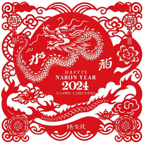 Create a papercut-style Lunar New Year greeting card celebrating the Year of the Dragon. The design should feature intricate papercut art of a dragon, symbolizing power and good luck, entwined with elements of traditional Chinese decorations. The background is a vibrant red, associated with prosperity and happiness. At the center, in bold, stylized calligraphy, include the words 'HAPPY NEW YEAR' and '2024', both seamlessly integrated into the composition. The overall aesthetic should blend the ancient art of papercutting with modern design sensibilities to welcome the new year with warmth and elegance, <lora:cn_paper_cut:0.65>