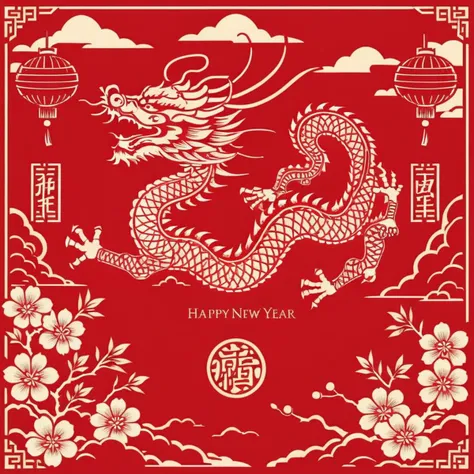 Create a greeting card in the style of traditional Chinese paper-cutting for the Lunar New Year, featuring the Dragon theme. The card should showcase intricate paper-cut designs of the dragon, symbolizing power, luck, and prosperity, intertwined with elements like lanterns, fireworks, and blossoms, all in vibrant reds and golds. The background should emulate the texture of red paper, with wishes for a prosperous and joyful Year of the Dragon written in elegant, gold calligraphy, <lora:cn_paper_cut:0.62>