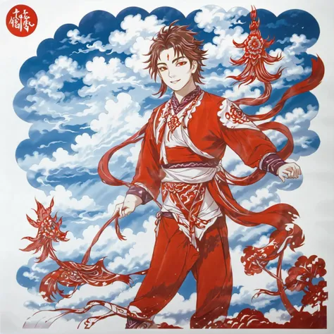 The image depicts a handsome man leisurely strolling amongst the clouds, rendered in the traditional Chinese paper-cut art style in red and white. His figure is sleek and poised, with a confident and relaxed expression. His hairstyle is modern and well-groomed, complementing his sharp, attentive eyes and a subtle, charming smile. He is dressed in a stylish, contemporary outfit that harmonizes with the ethereal cloud surroundings. The striking red of his attire vividly contrasts against the pristine white background, enhancing the visual appeal of the artwork. The man's silhouette and the clouds around him are cut with precision, showcasing the intricate skill of Chinese paper-cut art,<lora:Xiaox_xl:0.6>,(\xiao\), <lora:cn_paper_cut:0.8>