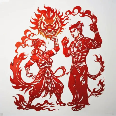 The image features a Chinese paper-cut art piece, primarily in red and white. It showcases two central figures: Iron Fist and Fire Fist, each depicted with dynamic, powerful stances. Iron Fist is shown with a clenched fist, surrounded by intricate patterns symbolizing strength and resilience, while Fire Fist is enveloped in delicate flame motifs, illustrating intense energy and heat. Their facial expressions are bold and determined, with sharp eyes and focused expressions. The vivid reds of their costumes and elements stand out against the stark white background, creating a striking visual contrast that captures the essence of these fiery characters., <lora:cn_paper_cut:0.75>