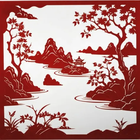 The image is a traditional Chinese paper-cut art piece, now reimagined to depict a serene landscape in the style of shan shui painting. It features rolling hills, meandering rivers, and distant mountains, all intricately cut into red paper to create a harmonious balance of elements. The white background highlights the delicate contours of the landscape. The artistry is evident in the finely cut details of the trees, rocks, and water, capturing the essence of nature's tranquility. This paper-cut artwork embodies the spirit of classical Chinese landscape painting, where every cut and line conveys the depth and beauty of natural scenery., <lora:cn_paper_cut:0.75>