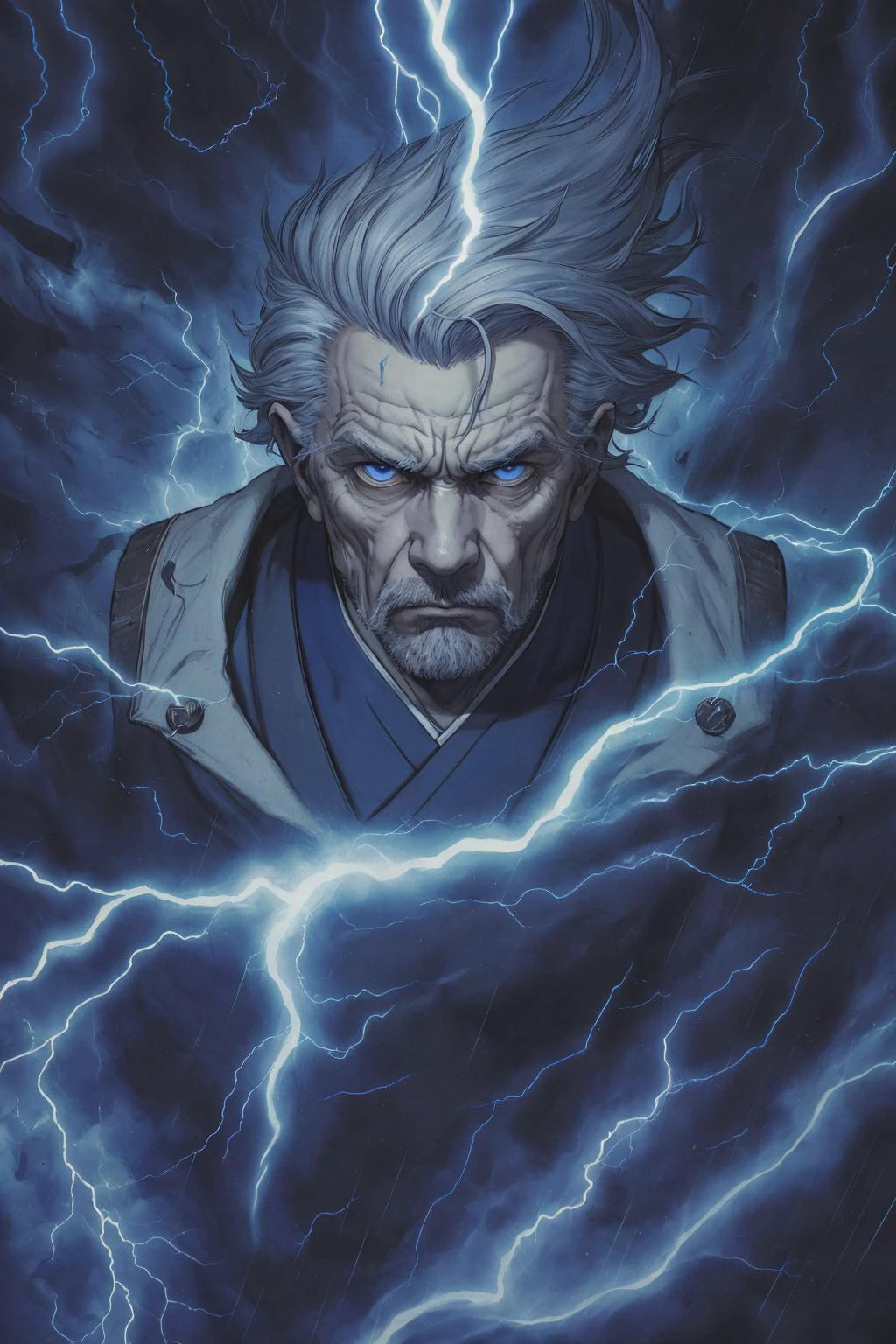 (best quality, masterpiece, highest detailed), comic cover art, poster art, <lora:Ink_poster-000004:0.3>,
(1man,  old [russian:japanese:0.3] male:1.2), frail,  blue eyes, gray hair, undercut, 
<lora:GoodHands-beta2:0.8>,
(style-swirlmagic:0.8), solo,  (full body:0.6),  detailed background, detailed face, (<lora:Lightning:0.6>, lightning theme:1.1), wind wizard,  serene expression white  mage vest,   strong winds blowing,  controlling wind magic,  , tornado spirits,  whirlwind in background, ethereal orbs of light,