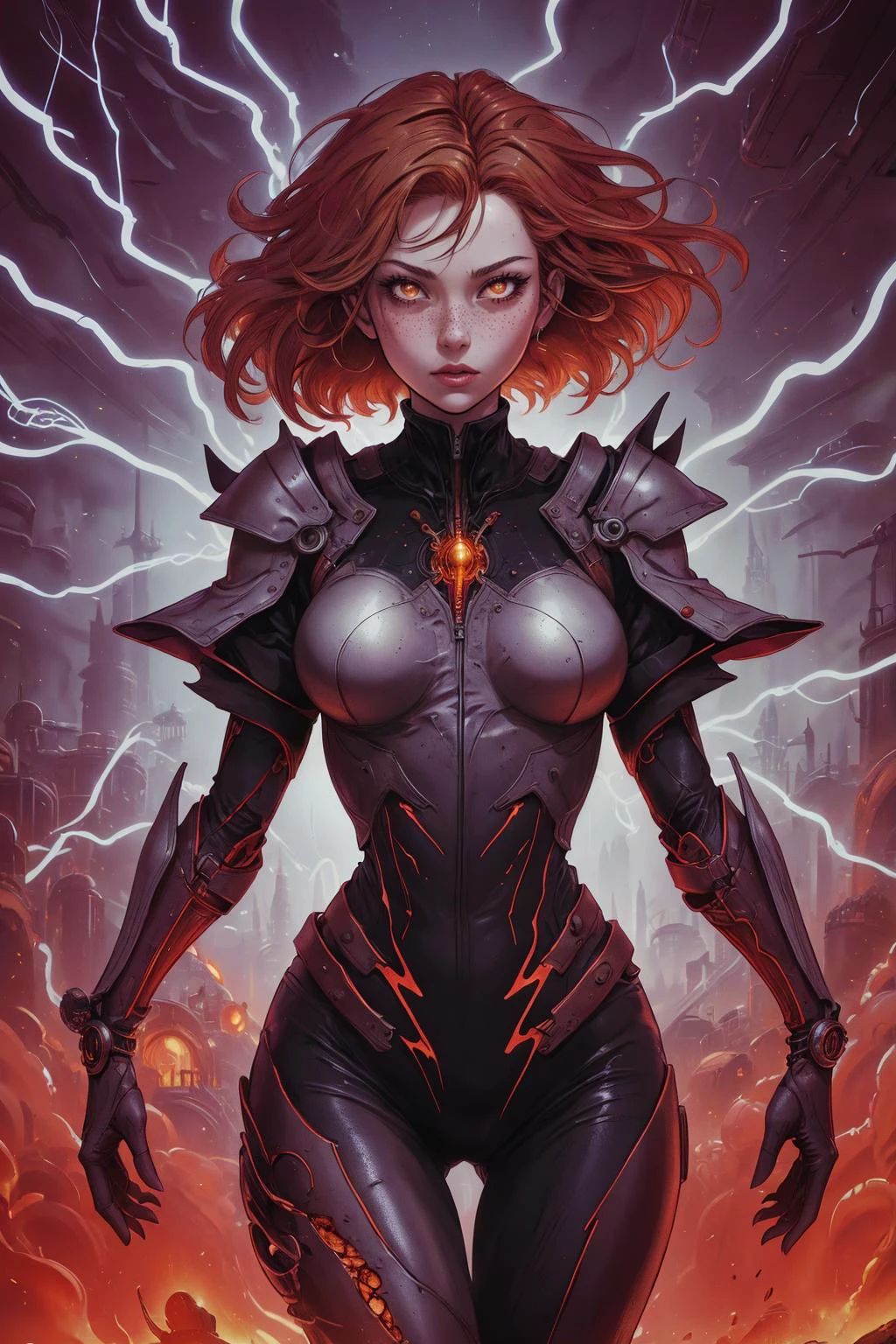 (best quality, masterpiece, highest detailed), comic cover art, poster art, <lora:Ink_poster-000004:0.3>,
1 girl, adult (elven:0.7) woman, freckles, brown eyes, auburn straight hair,
<lora:GoodHands-beta2:0.8>,
(style-swirlmagic:0.8), solo, (full body:0.6), looking away, glowing fiery eyes, detailed background, detailed face, (<lora:Lightning:0.6>, lightning theme:1.1), concetrating, reckless abandon, fire cultist, tattered scarlet fire themed sorcerer clothes, singed clothes, (crimson color scheme:1.05), flame glyphs, channeling magical blazing aura, floating particles, pyromancy, , controlled combustion, , spirit of the phoenix, fiery apocalypse in background, firelight, epic fantasy atmosphere,