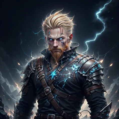 viking guerreiro cyberpunk, na cidade, luzes neon, machado gigante, veiculos ao fundo