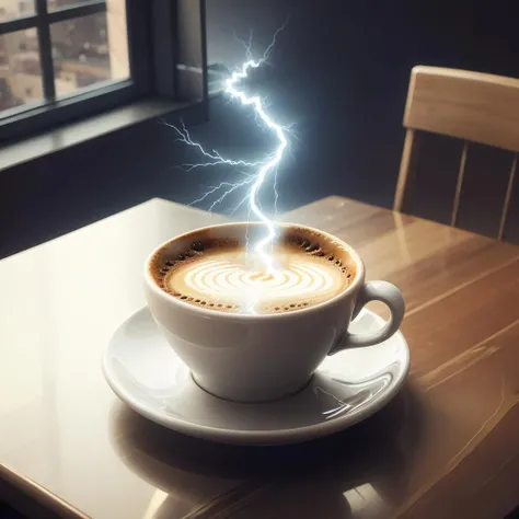Indoor, a cup of lightning coffee, <lora:Lightning:0.8>, table