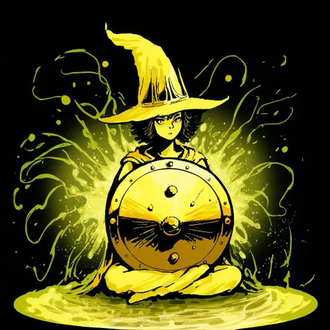 wizardry, illustration, white potion, golden shield, Witch, Water nymph, yellow light, droplet toxins, humanoid, Javardy, sitting, ember light, light magic, yellow nectar