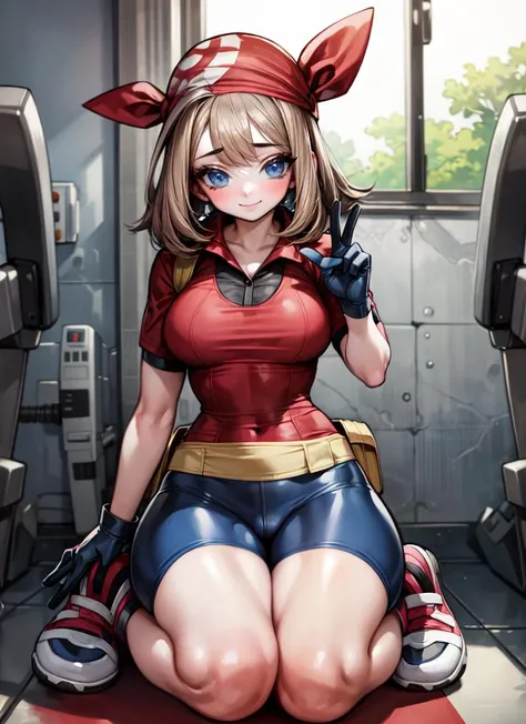 ((best quality)), ((highly detailed)), absurdres, (detailed eyes, deep eyes), <lora:more_details:.7>, (1girl), on knees, <lora:may_pokemonGoofyAI:.9>, may pokemon, brown hair, medium hair, blue eyes, medium breasts, smiling, red bandana, red shirt, collared shirt, short sleeves, bike shorts, bodysuit, chunky sneakers, gloves, fanny pack, (indoors, at a gymnasium), <lora:Rabbit V2-(wlsdnjs950):1>, wlsdnjs950