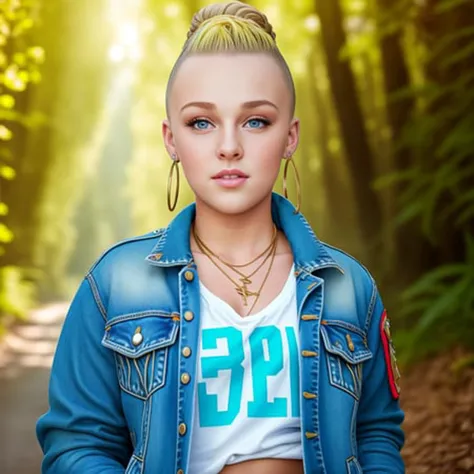 1TSJ0J0S1WA full body AMERICAN young 18 year old girl, wearing open jacket and jeans. High detail professional, sexy look, pompadour, skin pores, sexual, matte, perfect fingers, backlighting, depth of field, natural lighting, hard focus, ray traced, rendered, forest background