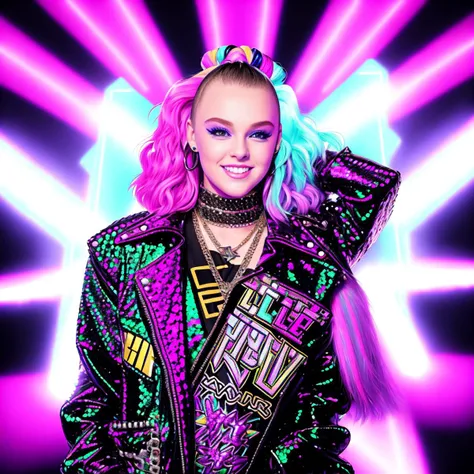 digital art of teen pop star 1TSJ0J0S1WA as a 30 year old 80s punk girl, fully clothed, in a disco stage, masterpiece, best quality, high contrast, soft lighting, laughing, backlighting, bloom, light sparkles, chromatic aberration, smooth, sharp focus