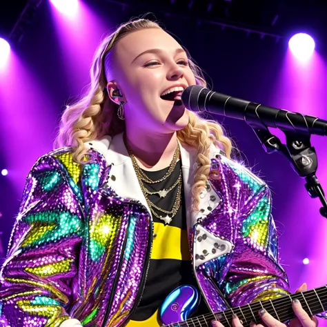 digital art of teen pop star 1TSJ0J0S1WA singing on stage,  fully clothed, in a disco stage, masterpiece, best quality, high contrast, soft lighting, laughing, backlighting, bloom, light sparkles, chromatic aberration, smooth, sharp focus