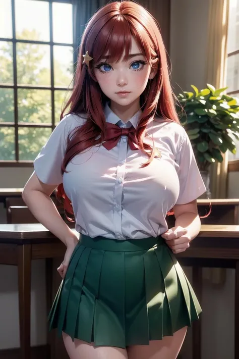(masterpiece, best quality, hires, high resolution:1.2, 4k, 8k , high quality), extremely detailed, realistic, intricate details, highres, 1girl, solo, (large breasts, thick thighs, wide hips), arched back,(cinematic lighting, sunlight, perfect lighting, backlighting), eye-level shot, extreme close-up-shot, looking at viewer,star hair ornament
<lora:Nakano_Itsuki_Ecsta:0.5> nakano_itsuki_ecsta, red hair, star (symbol), nakano itsuki, blue eyes, school uniform, green skirt, hair ornament