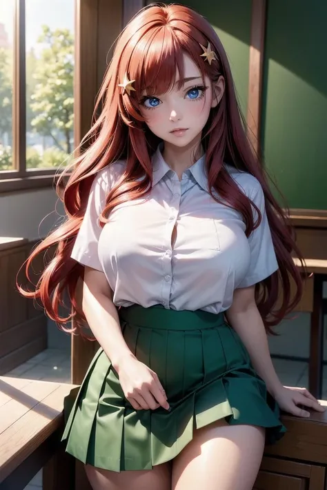 (masterpiece, best quality, hires, high resolution:1.2, 4k, 8k , high quality), extremely detailed, realistic, intricate details, highres, 1girl, solo, (large breasts, thick thighs, wide hips), arched back,(cinematic lighting, sunlight, perfect lighting, backlighting), eye-level shot, extreme close-up-shot, looking at viewer,
<lora:Nakano_Itsuki_Ecsta:0.5> nakano_itsuki_ecsta, red hair, star (symbol), star hair ornament, nakano itsuki, blue eyes, school uniform, green skirt