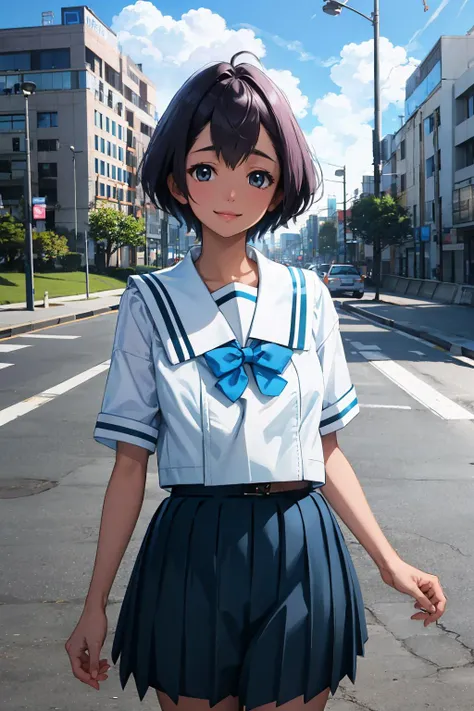 <lora:junna-nvwls-v1-final:1> daitoku junna, serafuku, blue bow, pleated skirt, sneakers
masterpiece, best quality, absurdres, smile, looking at viewer, outdoors, runway, upper body