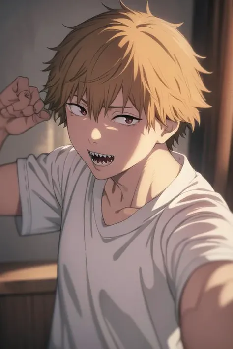 masterpiece, best quality, high quality, 1boy, solo, male focus, looking at viewer, upper body, <lora:denji:0.78>, denji,sharp teeth, <lora:animemix_v3_offset:0.80>