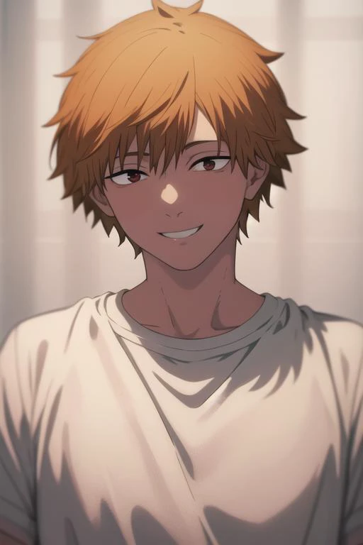 masterpiece, best quality, high quality, 1boy, solo, male focus, looking at viewer, upper body, <lora:denji:0.78>, denji, smile,