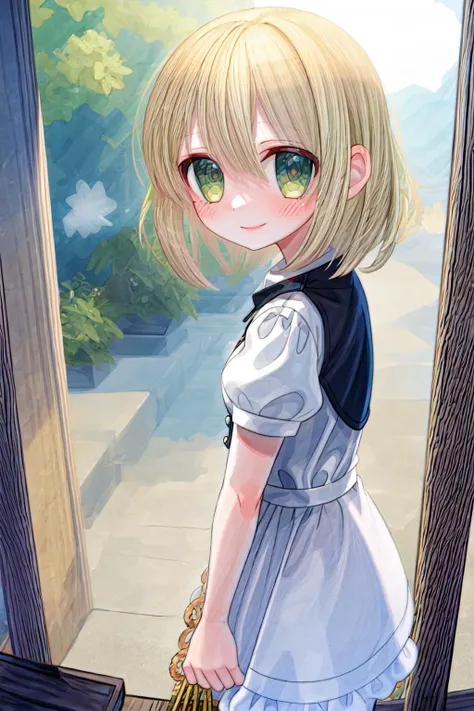 1girl, round eyes, green eyes, small breast,
medium hair, platinum blond hair,
happy, knees to chest, at a shrine,
looking at viewer,
from side,
cowboy shot,
red dress,
dirndl,
,