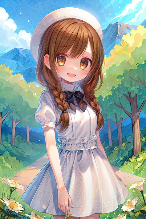 1girl, dark brown eyes, happy, :d, small breasts,
dark brown hair, twin braids, white dress,
from front, cowboy shot, standing,
in the forest, mountain in the distance, sky