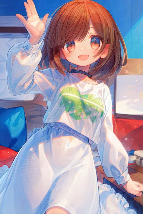 1 girl, best quality, ultra detailed, (round eyes:1.3), (happy:1.4), :d,
medium breast,
brown hair,medium hair, straight hair,
from front, cowboy shot,
long sleeve t-shirt, long skirt, (fat:1.1),
in room <lora:flat2:-0.2>