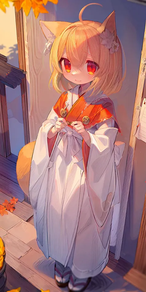 masterpiece, best quality, 1 girl, shrine maiden clothes, standing on ground covered with yellow and red leaves, standing with shrine behind, looking up, blonde, red eyes, fox ears, happy