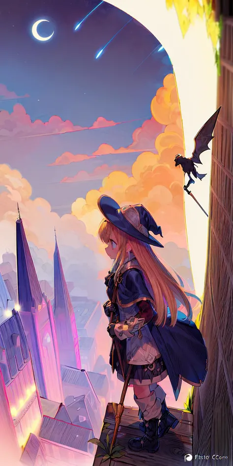 masterpiece, best quality, ultra-detailed, illustration, 1girl, solo, fantasy, flying, broom, night sky, outdoors, magic, spells, moon, stars, clouds, wind, hair, cape, hat, boots, broomstick, glowing, mysterious, enchanting, whimsical, playful, adventurous, freedom, wonder, imagination, determination, skill, speed, movement, energy, realism, naturalistic, figurative, representational, beauty, fantasy culture, mythology, fairy tales, folklore, legends, witches, wizards, magical creatures, fantasy worlds, composition, scale, foreground, middle ground, background, perspective, light, color, texture, detail, beauty, wonder.