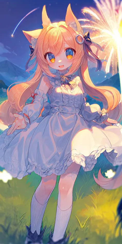 masterpiece, best quality, 1 girl, happy,play
BREAK
A sparkling lake surrounded by lush green mountains, with fireworks lighting up the night sky.