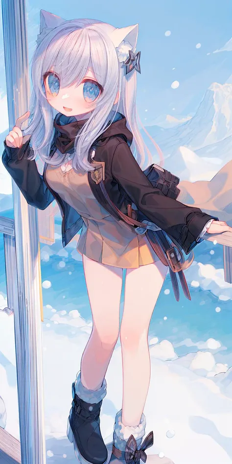 masterpiece, best quality, 1 girl, happy
BREAK
A serene winter landscape with snow-covered mountains and a frozen lake.