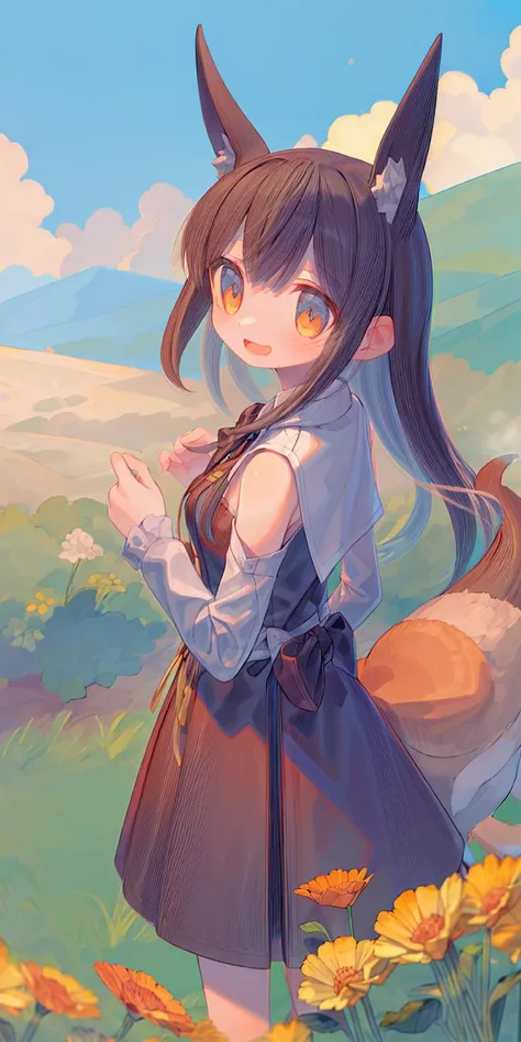 masterpiece, best quality, 1 girl, happy,play
BREAK
A picturesque countryside with golden fields and grazing deer, as mist blankets the landscape.
