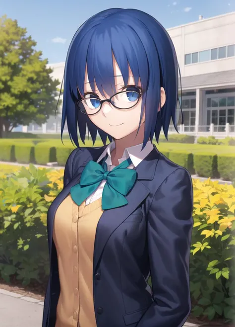 1girl, upper body, looking at viewer, standing, black jacket, blazer, blue hair, bow, bowtie, collared shirt, glasses, green bow, green bowtie, jacket, looking at viewer, school uniform, shirt, short hair, black-framed eyewear, long sleeves, blue jacket, arms yellow cardigan, outdoors, 
<lyco:ciel:0.6>