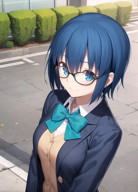 1girl, upper body, looking at viewer, standing, black jacket, blazer, blue hair, bow, bowtie, collared shirt, glasses, green bow, green bowtie, jacket, looking at viewer, school uniform, shirt, short hair, black-framed eyewear, long sleeves, blue jacket, arms yellow cardigan, outdoors, takeuchi takashi, 
<lyco:ciel:0.15>