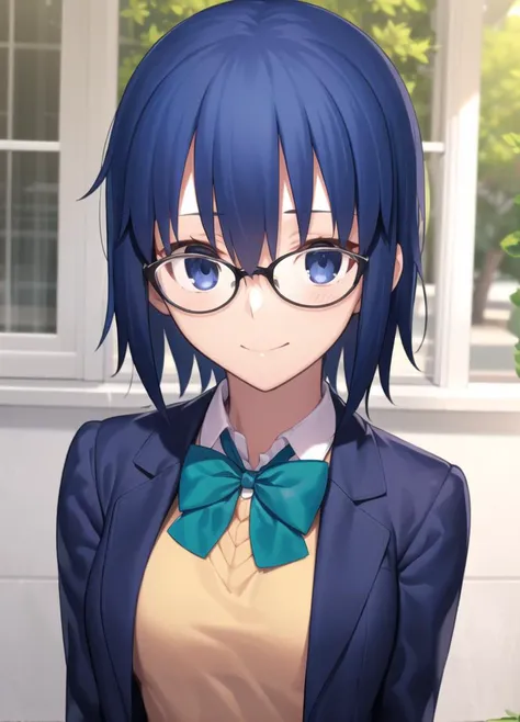 1girl, upper body, looking at viewer, standing, facing viewer, 
black jacket, blazer, blue hair, bow, bowtie, collared shirt, glasses, green bow, green bowtie, jacket, looking at viewer, school uniform, shirt, short hair, black-framed eyewear, long sleeves, blue jacket, arms yellow cardigan, outdoors, takeuchi takashi, sweater vest, 
<lyco:ciel:0.4>