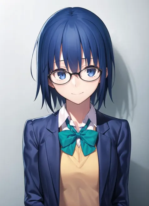 1girl, upper body, looking at viewer, standing, facing viewer, 
black jacket, blazer, blue hair, bow, bowtie, collared shirt, glasses, green bow, green bowtie, jacket, looking at viewer, school uniform, shirt, short hair, black-framed eyewear, long sleeves, blue jacket, arms yellow cardigan, outdoors, takeuchi takashi, sweater vest, 
<lyco:ciel:0.4>