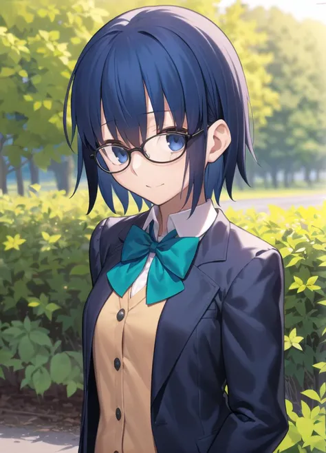 1girl, upper body, looking at viewer, standing, facing viewer, 
black jacket, blazer, blue hair, bow, bowtie, collared shirt, glasses, green bow, green bowtie, jacket, looking at viewer, school uniform, shirt, short hair, black-framed eyewear, long sleeves, blue jacket, arms yellow cardigan, outdoors, takeuchi takashi, 
<lyco:ciel:0.4>