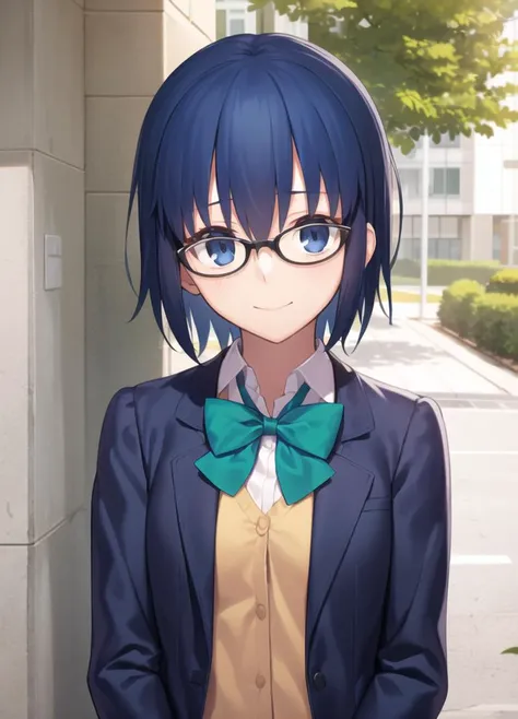 1girl, upper body, looking at viewer, standing, black jacket, blazer, blue hair, bow, bowtie, collared shirt, glasses, green bow, green bowtie, jacket, looking at viewer, school uniform, shirt, short hair, black-framed eyewear, long sleeves, blue jacket, arms yellow cardigan, outdoors, takeuchi takashi, 
<lyco:ciel:0.4>