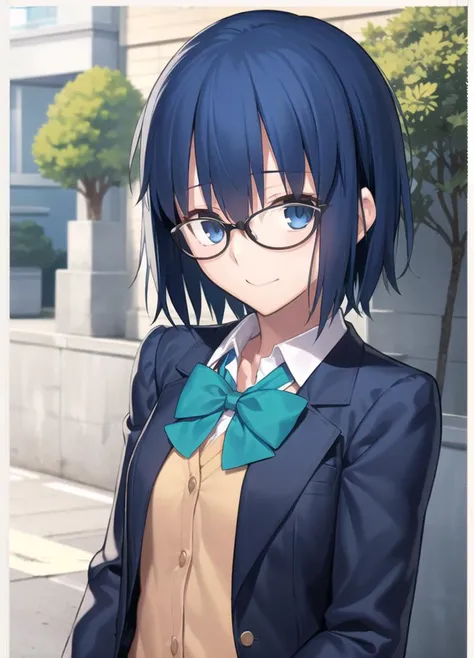 1girl, upper body, looking at viewer, standing, black jacket, blazer, blue hair, bow, bowtie, collared shirt, glasses, green bow, green bowtie, jacket, looking at viewer, school uniform, shirt, short hair, black-framed eyewear, long sleeves, blue jacket, arms yellow cardigan, outdoors, takeuchi takashi, 
<lyco:ciel:0.2>