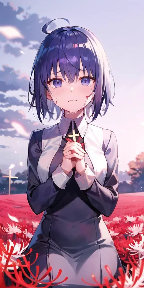 1girl, long sleeves black dress, blood, closed mouth, cloud, cloudy sky, cross, latin cross, crying, crying with eyes open, field, fingernails, flower, flower field, holding, holding cross, light particles, looking away, looking up, own hands together, red flower, seiza, sitting, sky, solo, spider lily, tearing up, tears, white flower, white spider lily, own hands clasped, outdoors, praying, cowboy shot, looking at viewer, sad, standing, antenna hair, breasts, medium breasts, ahoge, cross necklace, nun, habit