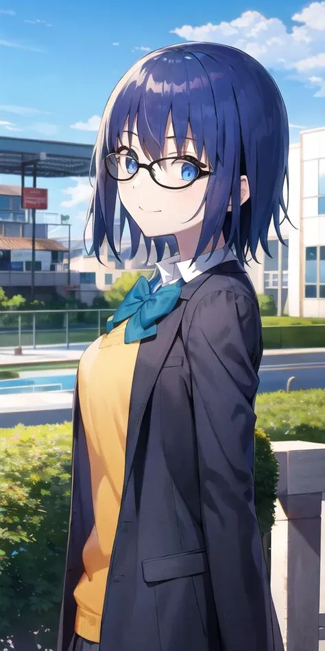 1girl, black jacket, blazer, blue hair, blurry, bow, bowtie, building, cloud, collared shirt, day, depth of field, fence, from side, glasses, green bow, green bowtie, jacket, looking at viewer, school uniform, shirt, short hair, sky, solo, standing, upper body, vest, white shirt, yellow vest, outdoors, smile, black-framed eyewear, open clothes, blue sky, closed mouth, long sleeves, tree, open jacket, blue jacket, breasts, arms behind back, yellow cardigan, uniform, pocket